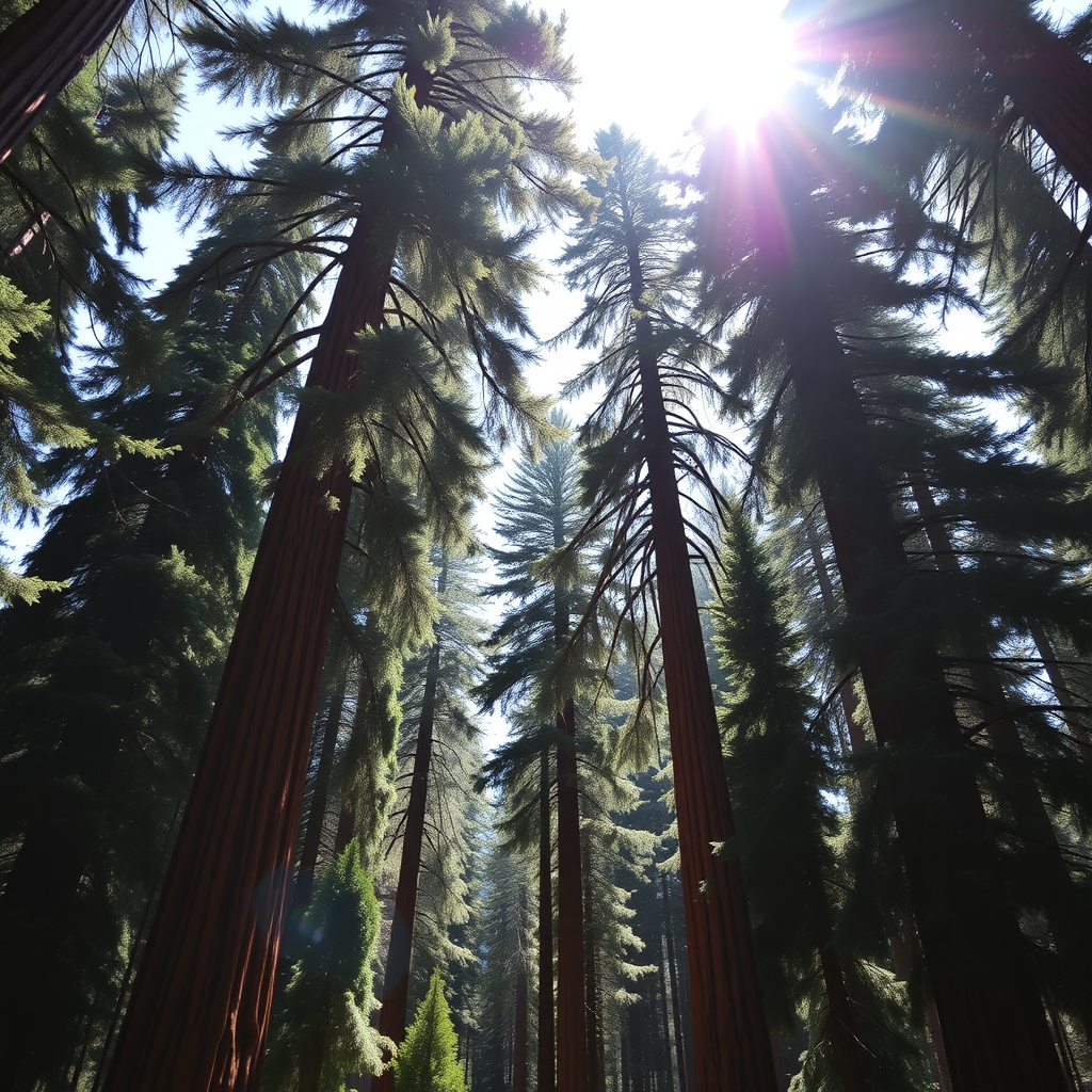 Tall sequoia trees in a sunlit forest