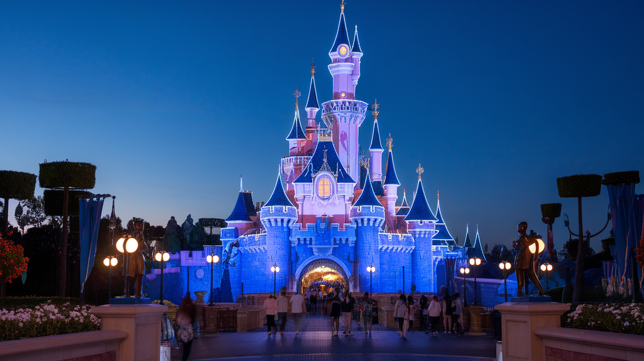 Disneyland Paris at dusk featuring the Sleeping Beauty Castle illuminated with blue lights