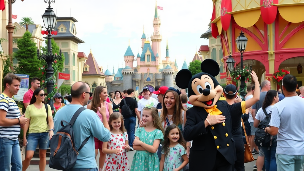 A crowded scene at Disneyland with people enjoying the atmosphere.