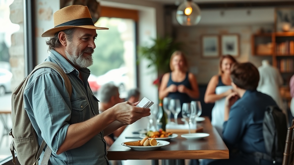 A smiling man with a hat holding a card at a restaurant, surrounded by diners.