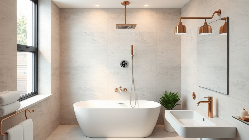 Modern bathroom with a freestanding tub, a shower, and stylish fixtures.