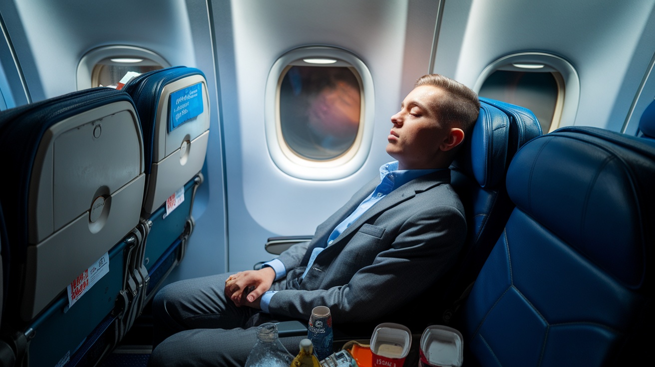 A man in a suit sleeping on an airplane, surrounded by empty drink cans.