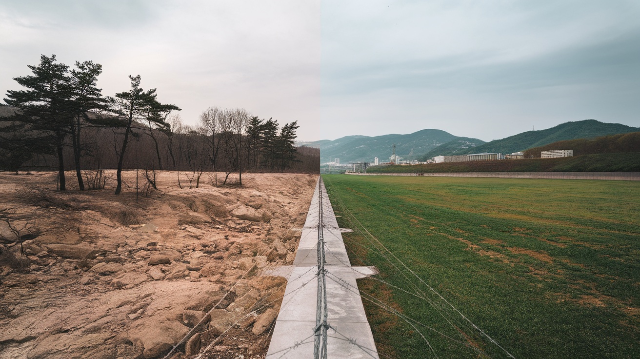 A view of the DMZ showing contrasting landscapes on either side of the border.