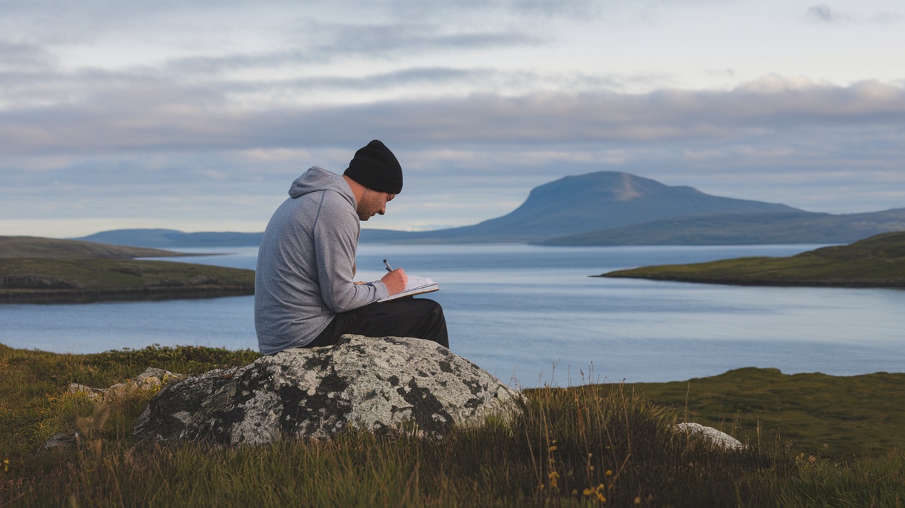 A person writing in a notebook while sitting on a rock by a calm lake, surrounded by beautiful landscapes.