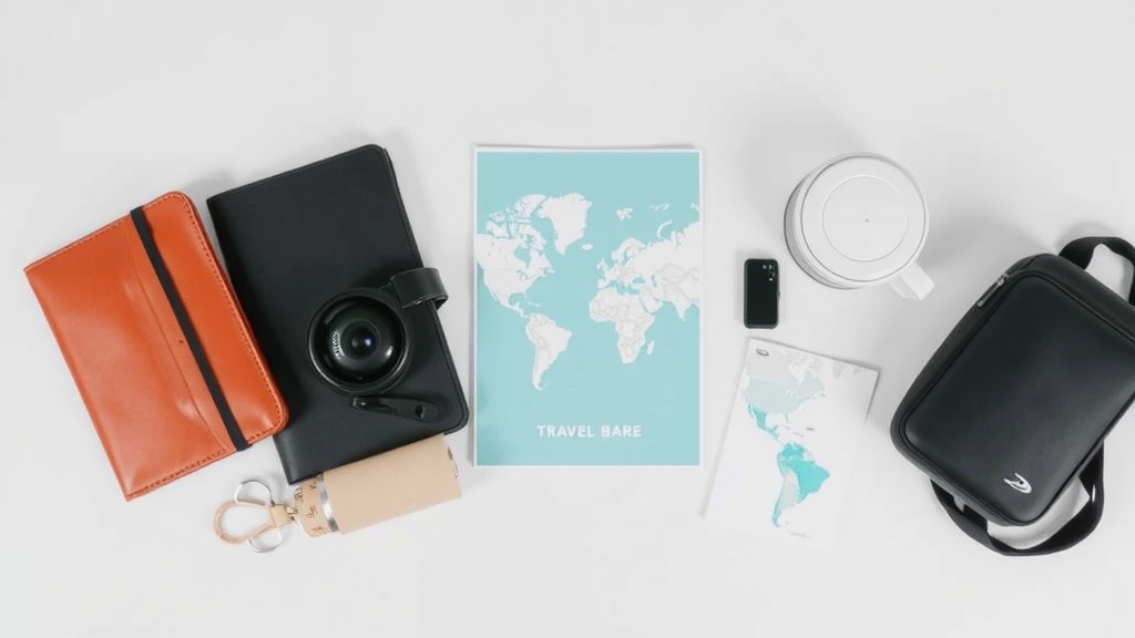 A flat lay of travel essentials including a map, camera, documents, and writing tools.