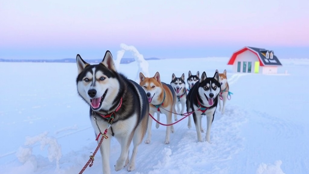 A team of happy sled dogs pulling a sled through a snowy landscape with a colorful building in the background.