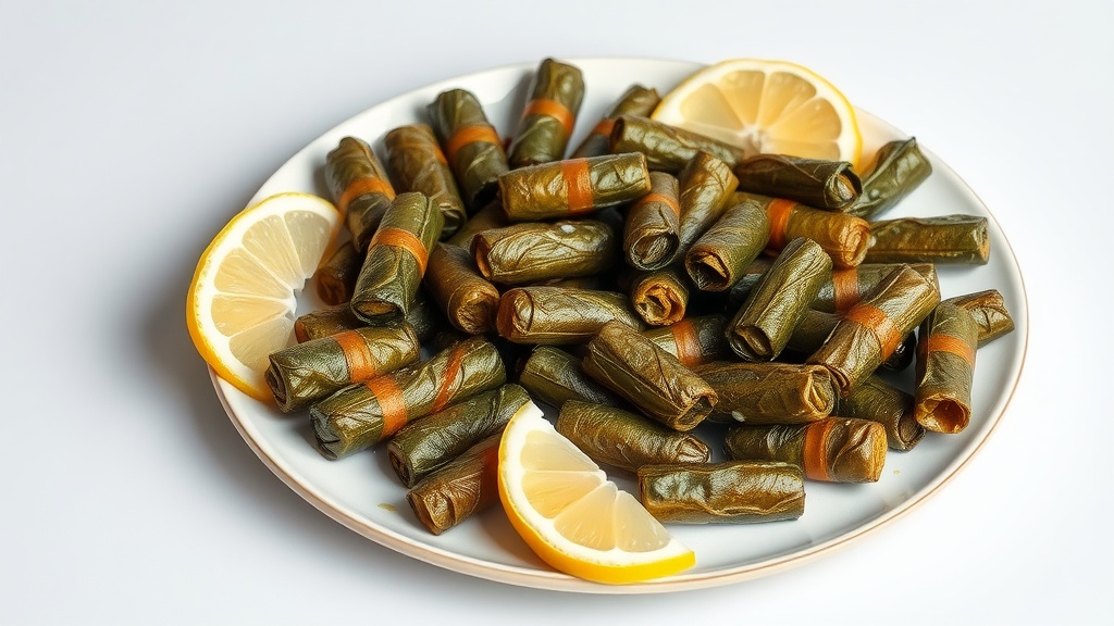 A plate of dolmades, or stuffed grape leaves, with slices of lemon.