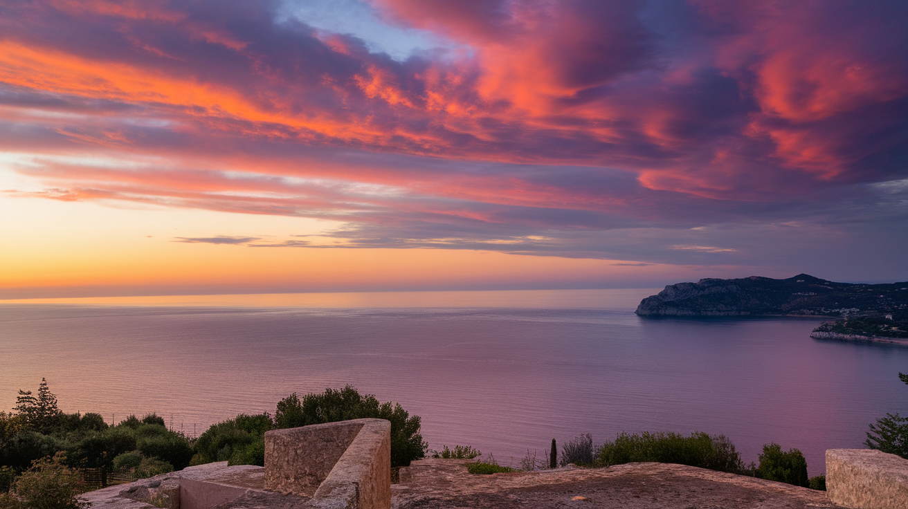 A colorful sunset over the sea from Éze, showcasing vibrant orange and purple skies.