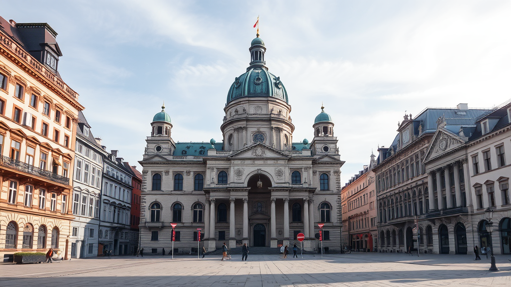 A beautiful view of Dresden's architecture with a notable building and surrounding streets.