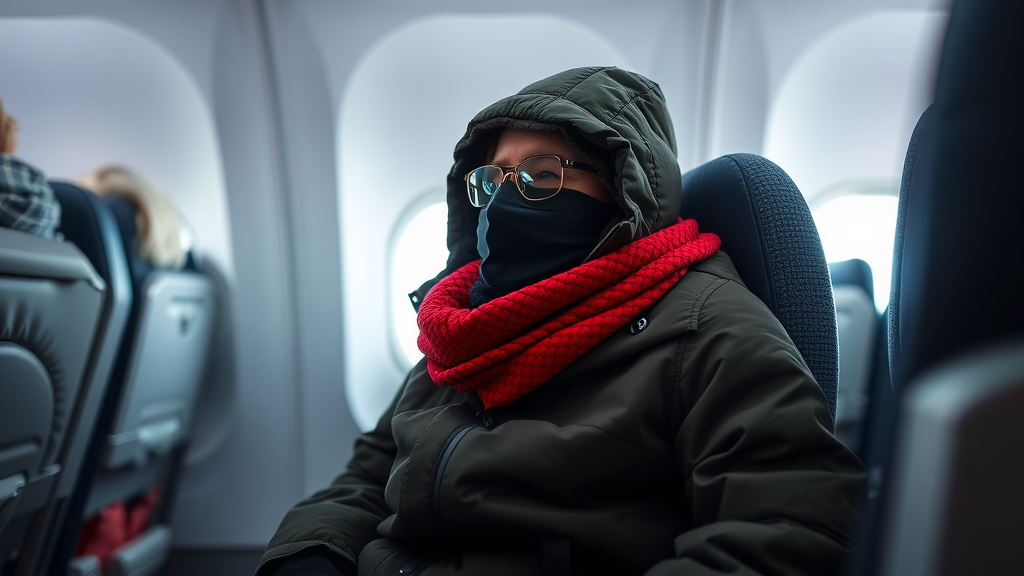 A person dressed warmly in a hooded jacket and red scarf sitting on a plane.