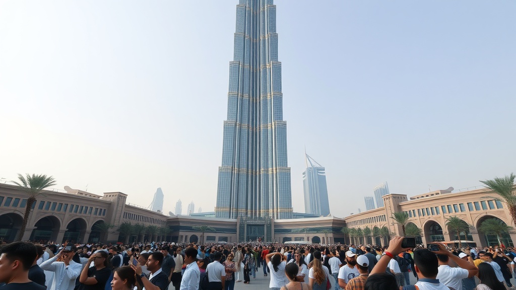 Crowd at the base of the Burj Khalifa in Dubai.