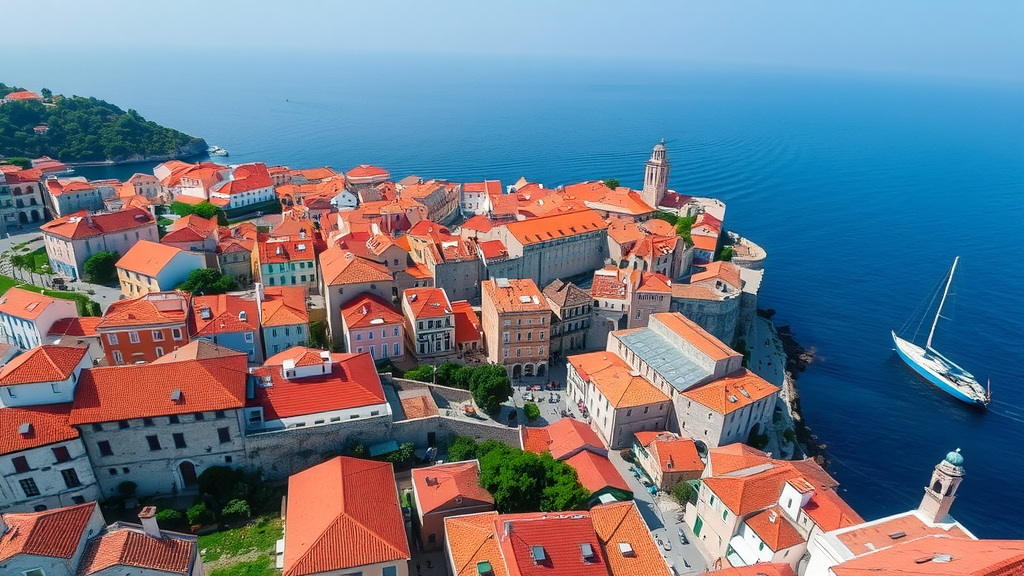 Aerial view of Dubrovnik's Old Town showcasing red rooftops and the sea.