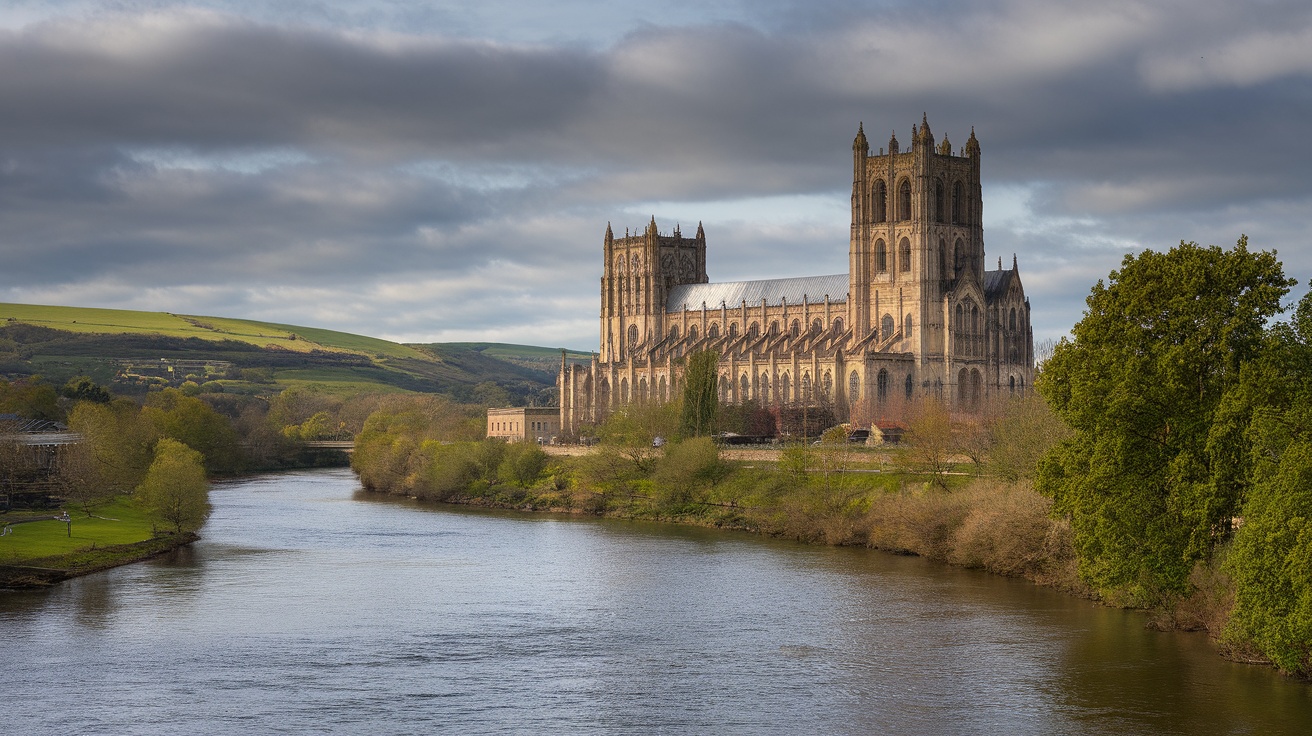 A view of Durham Cathedral beside the River Wear, showcasing its architectural beauty against a cloudy sky.