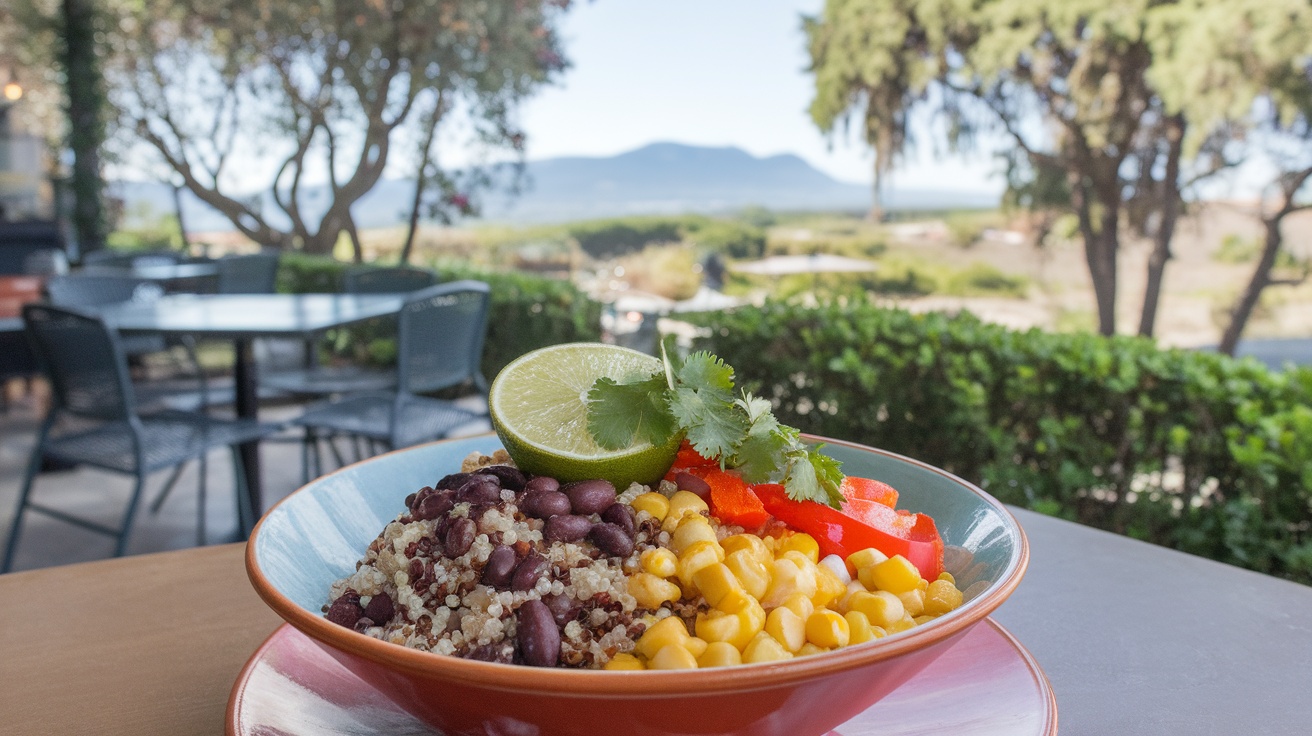 A colorful bowl of plant-based meal featuring quinoa, black beans, corn, and topped with lime and cilantro.