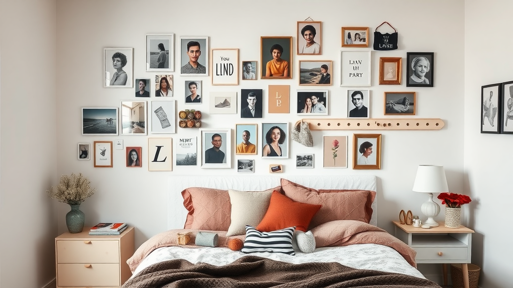 A stylish bedroom featuring an eclectic gallery wall with various framed photographs and artworks.