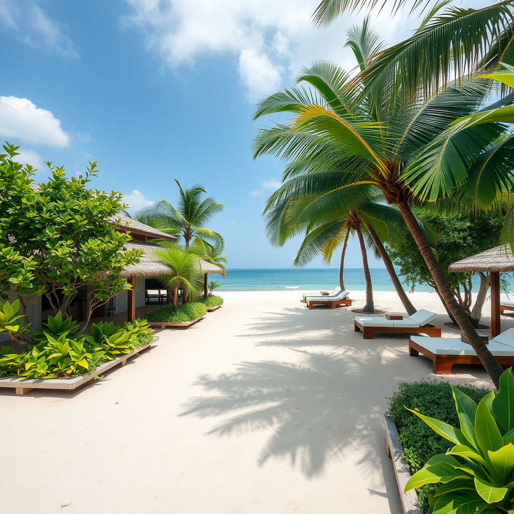 Eco-friendly beach house surrounded by palm trees and sandy beach.