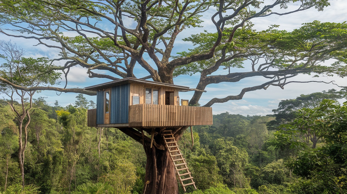 Eco-friendly treehouse in the Amazon rainforest, perched among tall trees with a wooden ladder.