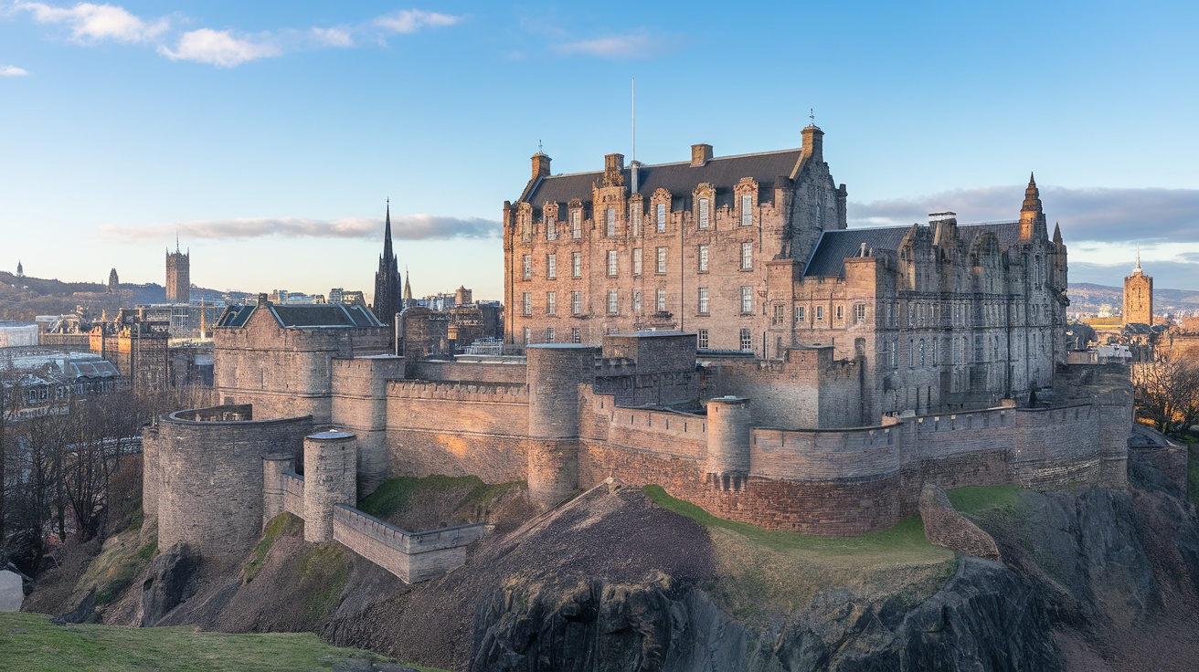 A view of Edinburgh Castle with a clear blue sky in the background.