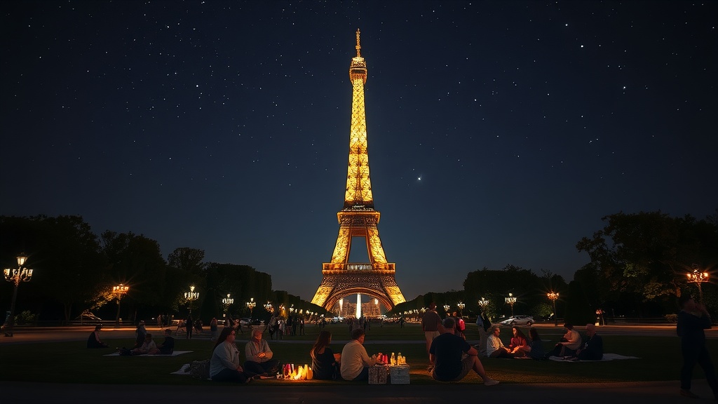 Eiffel Tower illuminated at night with people enjoying picnics in the foreground