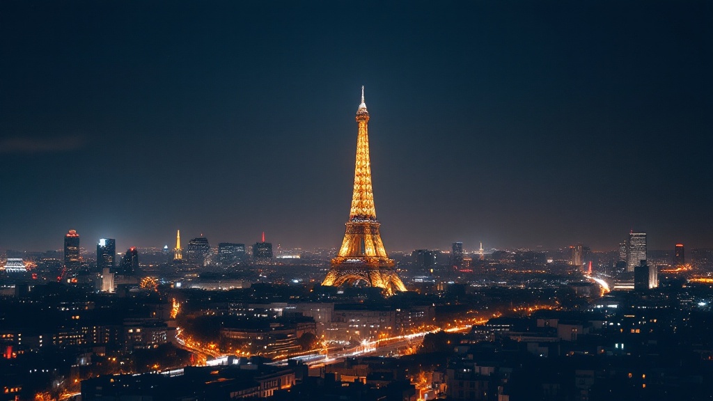 Night view of the Eiffel Tower illuminated against the Paris skyline