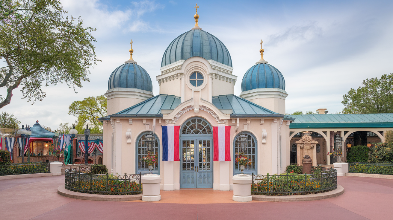 View of the France Pavilion at Epcot with the Eiffel Tower in the background, featuring outdoor café seating and blooming flowers.