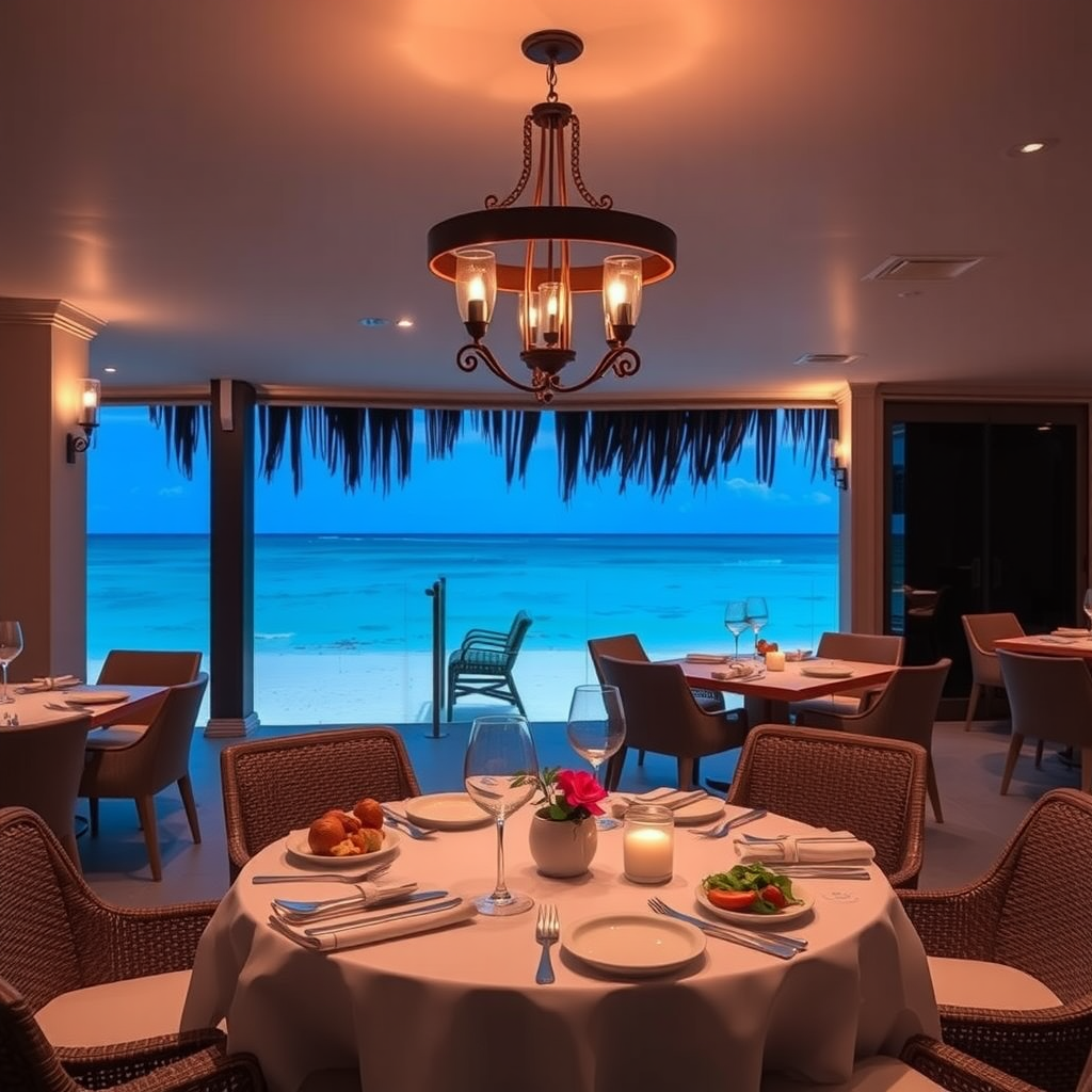 Elegant beachfront dining setup at The Ocean Club, Bahamas with ocean view.