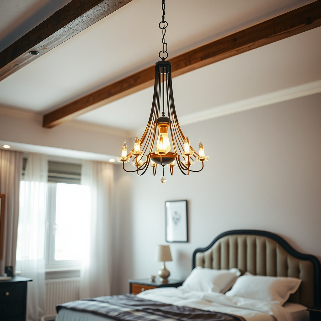 A stylish chandelier hanging in a modern bedroom setting.