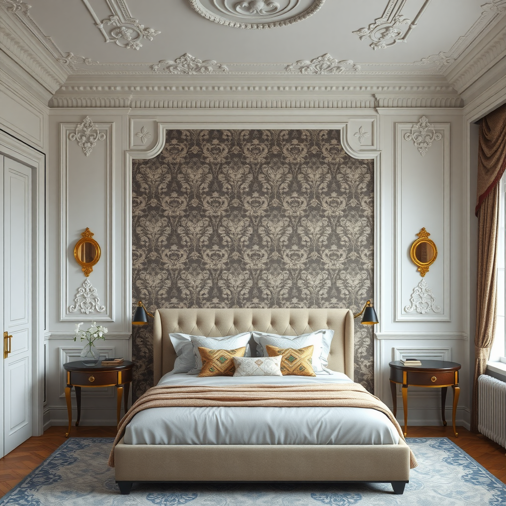 A luxurious bedroom featuring intricate wallpaper, elegant moldings, and stylish decor.