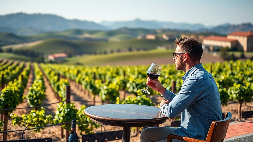 A man enjoying a glass of red wine at a vineyard in Napa Valley.