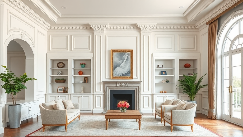 Stylish living room with architectural details, showcasing elegant moldings and thoughtful decor.