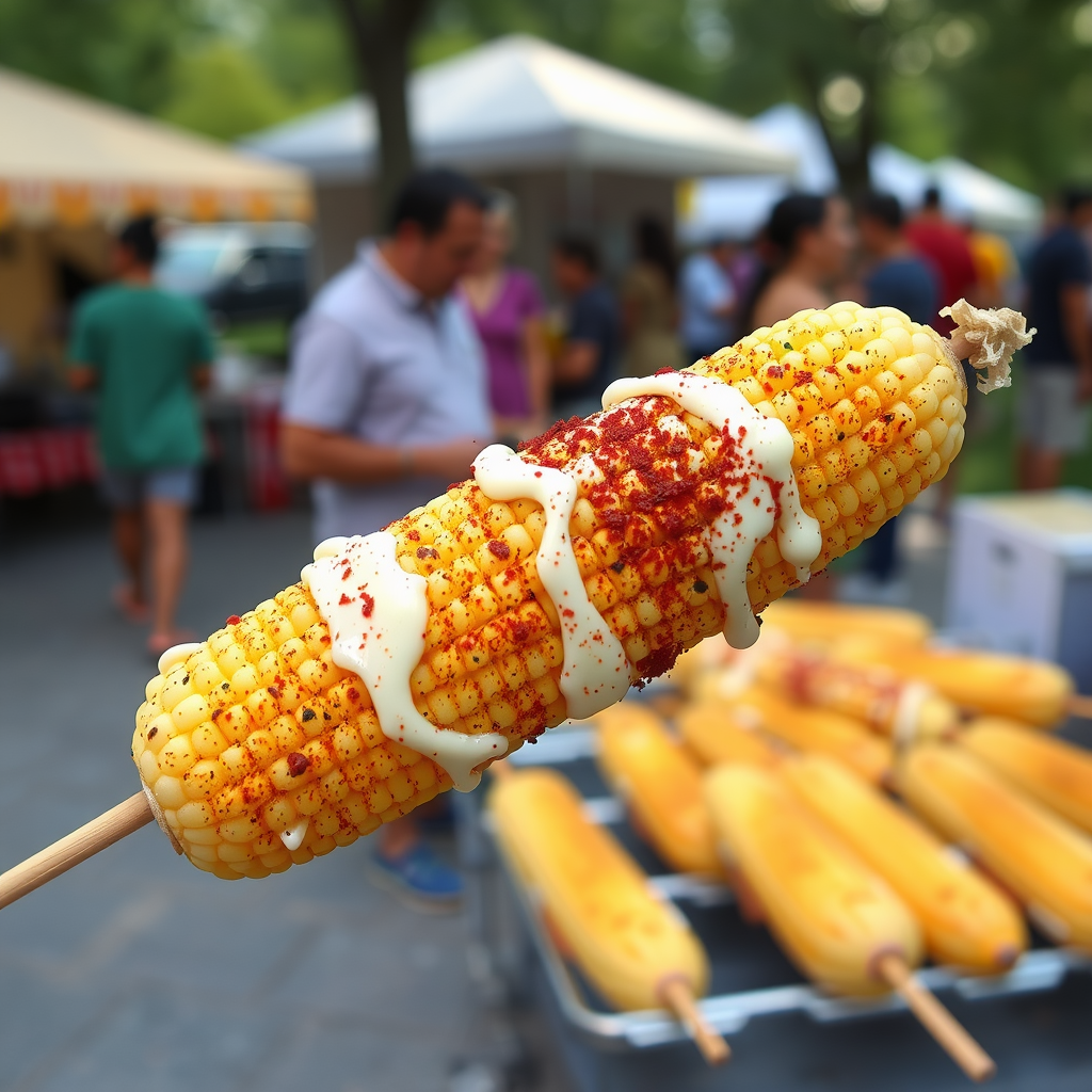 Grilled corn on a stick topped with mayonnaise and chili powder