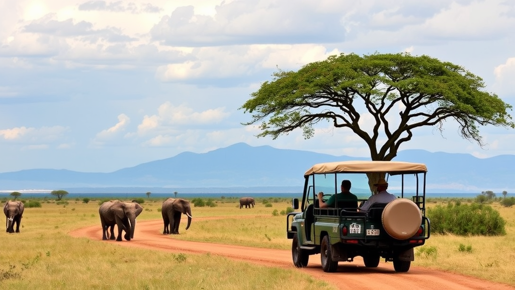 A vibrant South African safari scene featuring elephants, zebras, and other wildlife on the savannah.