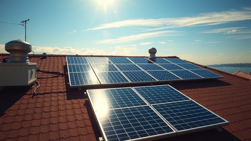 Solar panels installed on a rooftop with a clear sky in the background.