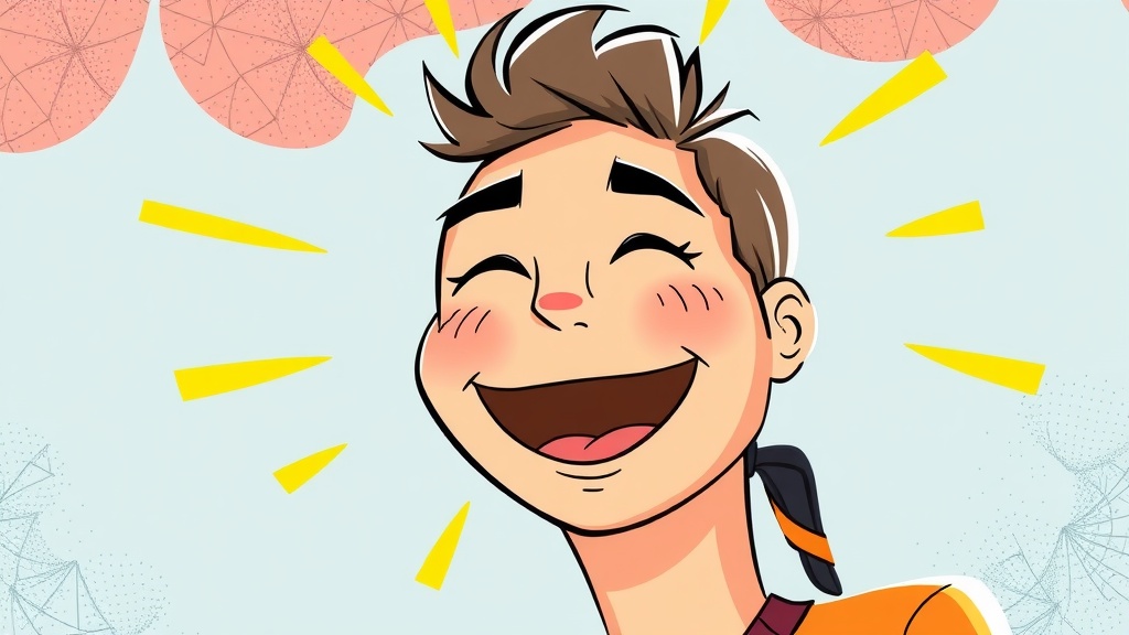 A cheerful illustration of a person smiling with sunny background and flowers.