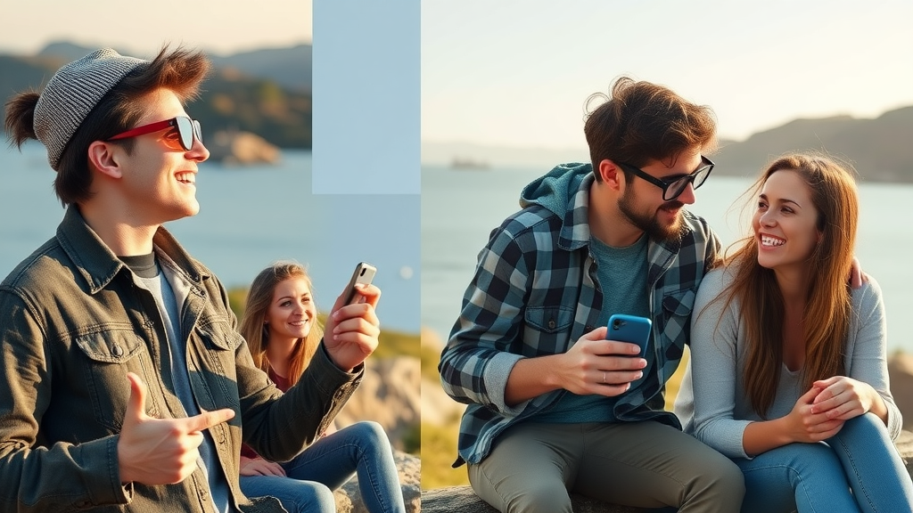 A couple enjoying a scenic view, with one taking a selfie and the other looking at the horizon.