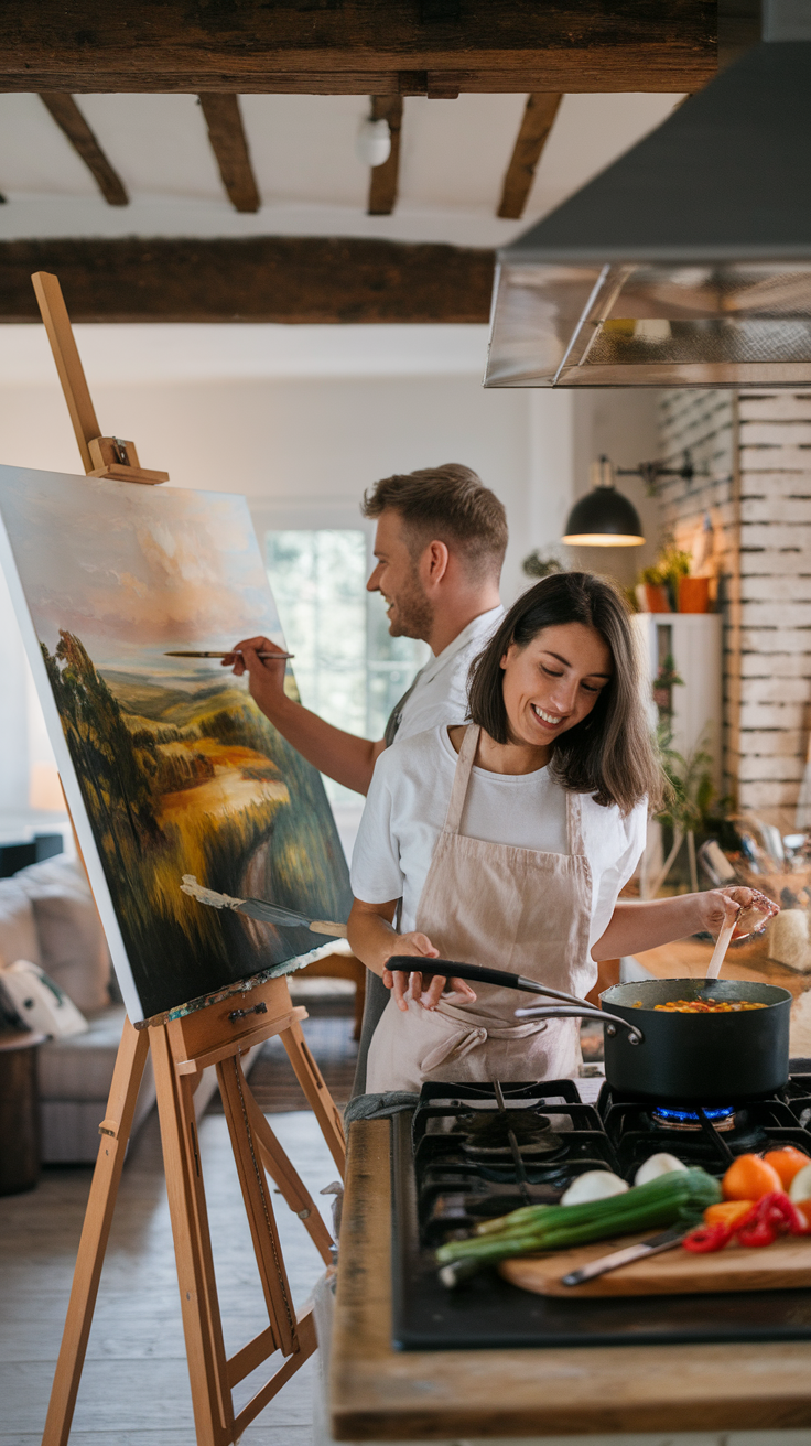 A couple enjoying their time together, with one painting and the other cooking.