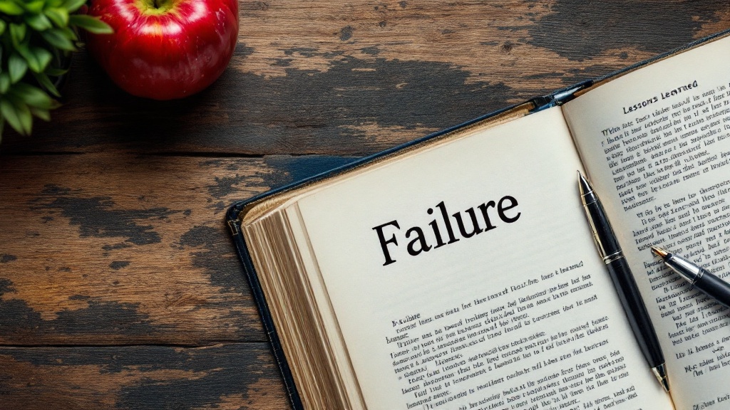 An open book with the word 'Failure' on the page, a red apple, and a pen on a wooden table.