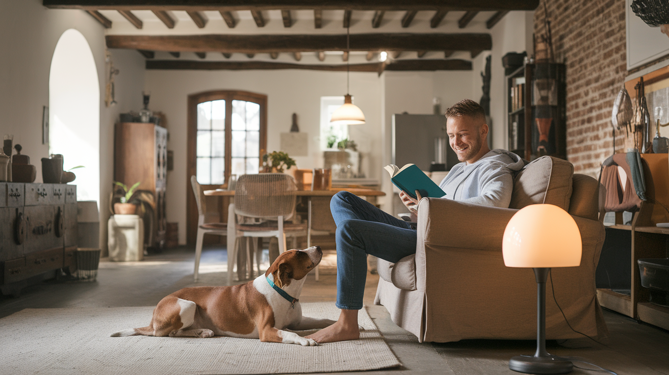 A person reading a book on a couch with a dog resting nearby in a cozy living room.