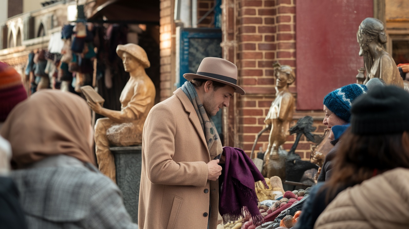 A man inspecting a scarf at a market surrounded by people and statues.