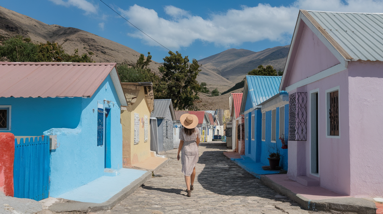 A woman walking down a quaint street lined with colorful houses and flowers.