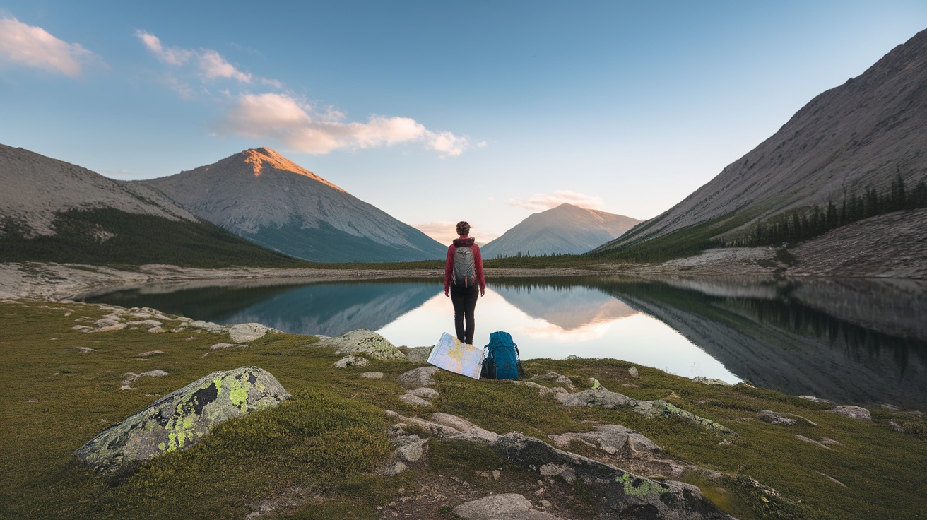 A person standing by a calm lake, surrounded by mountains, holding a map and enjoying the serene landscape.