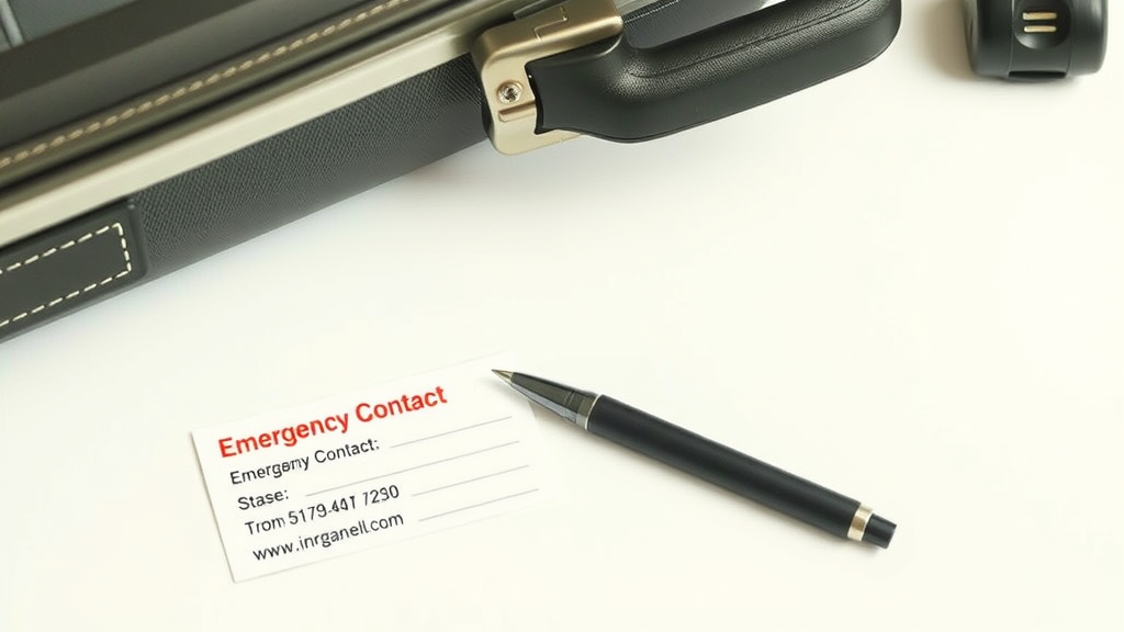 An emergency contact information card next to a suitcase and a pen.