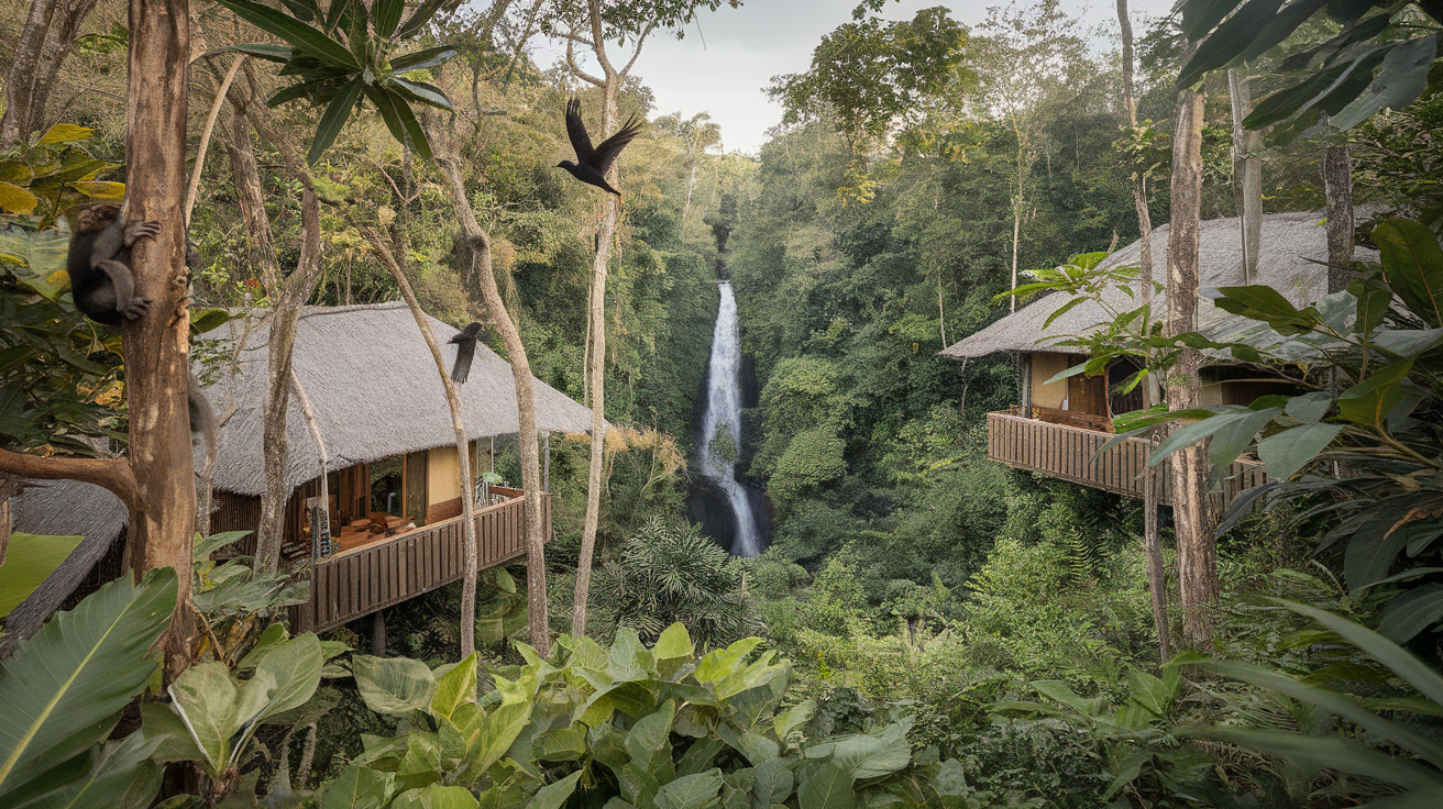 A view of eco-friendly cabins surrounded by tropical greenery and a waterfall in Costa Rica.