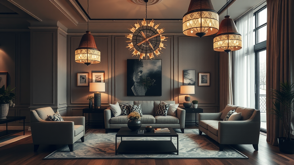 A stylish living room featuring unique light fixtures, including a large chandelier and decorative pendant lights.