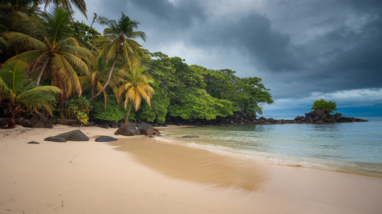 A serene beach scene in Brazil with palm trees, golden sand, and calm waters under a cloudy sky.