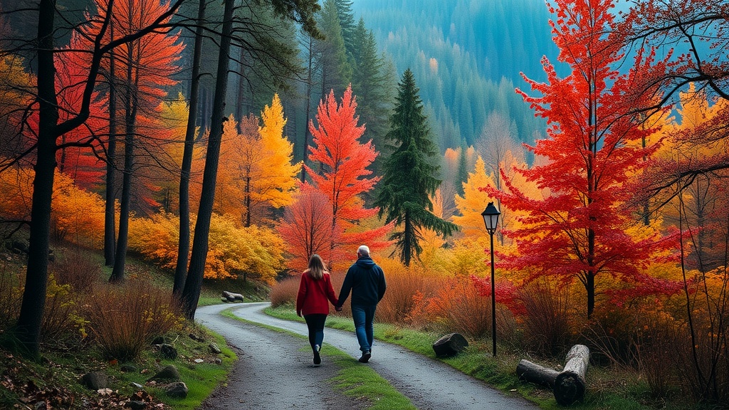 A couple walking down a forest path surrounded by colorful autumn trees.