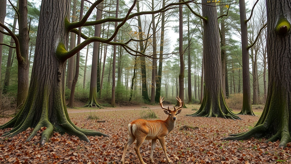 A serene view of Białowieża Forest with tall trees and a deer in the foreground.