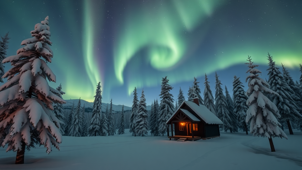 A cozy cabin in a snowy landscape under the Northern Lights in Lapland.