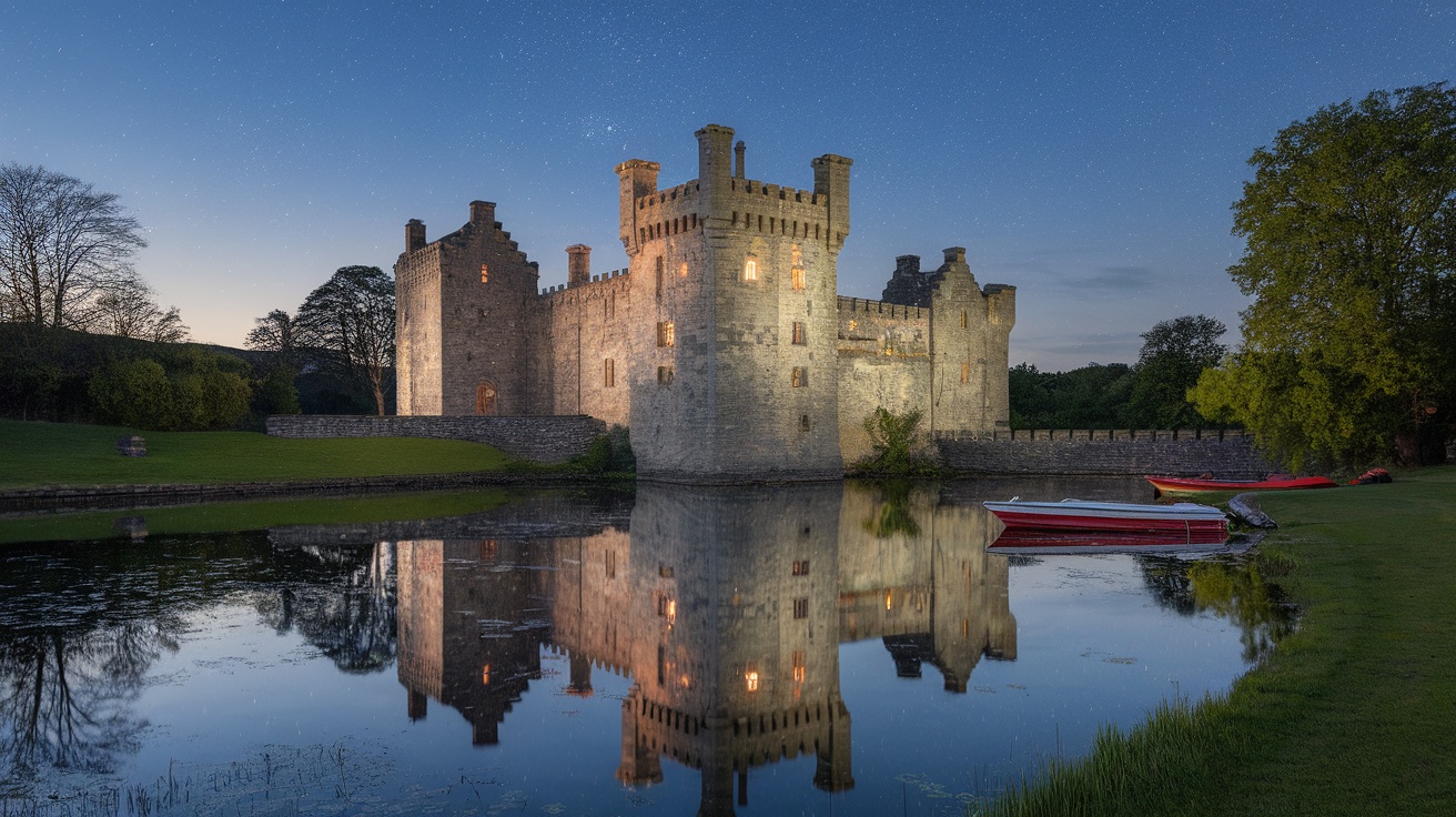 A stunning Welsh castle reflected in a lake under a starry sky.