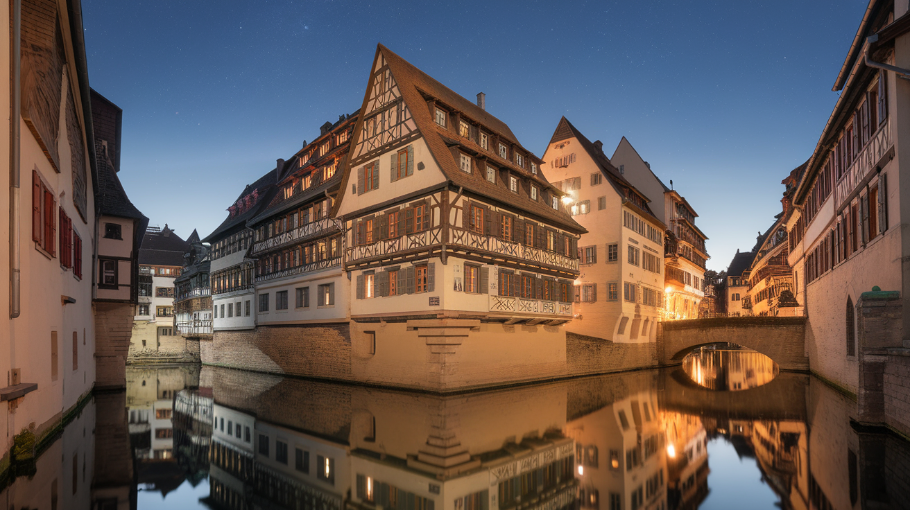 A picturesque view of Strasbourg at night, featuring half-timbered houses by a canal, illuminated windows, and a serene atmosphere.